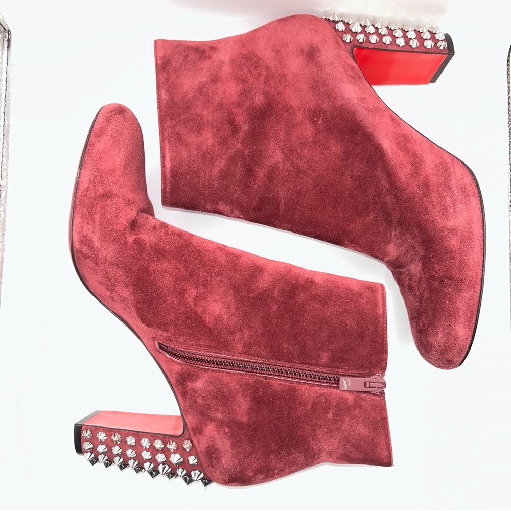 Christian Louboutin Suzi Folk 85 Prunus Red Suede Spike Ankle Heel Bootie - Picture 5 of 9